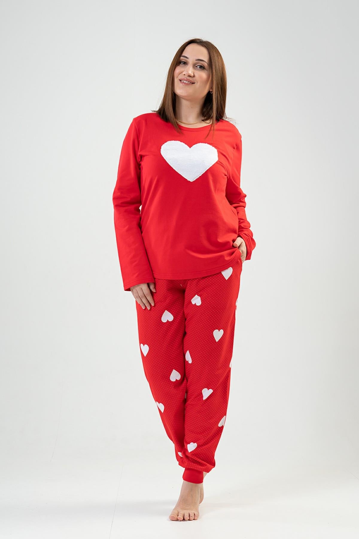 BAYAN 2IPLIK XXL O YAKA UZUN KOL ETEGI OVAL CEPLI MANSETLI PIJAMA TAKIM