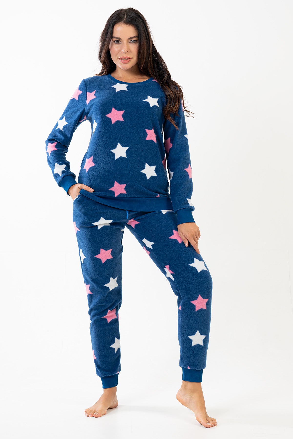 KADIN POLAR O YAKA UZUN KOL MANSETLI CEPLI PIJAMA TAKIM