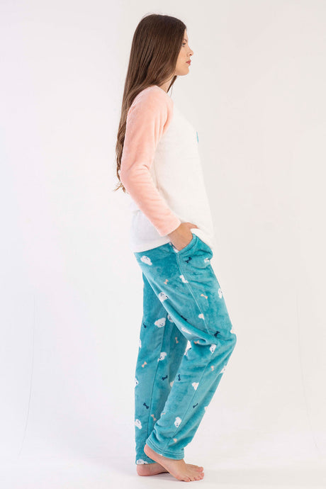 KADIN SOFT O YAKA REGLAN UZUN KOL ETEGI OVAL CEPLI PIJAMA TAKIM