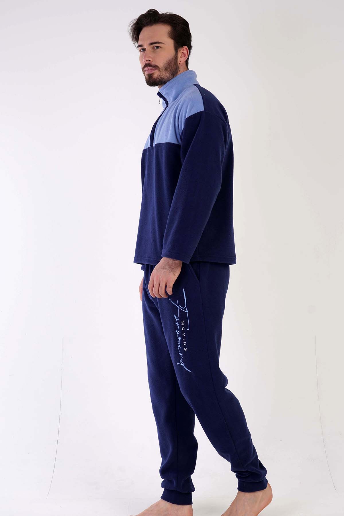 CEPLI ERKEK POLAR YAKALI DUSUK OMUZLU UZUN KOL MANSETLI PIJAMA TAKIM