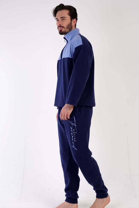 CEPLI ERKEK POLAR YAKALI DUSUK OMUZLU UZUN KOL MANSETLI PIJAMA TAKIM