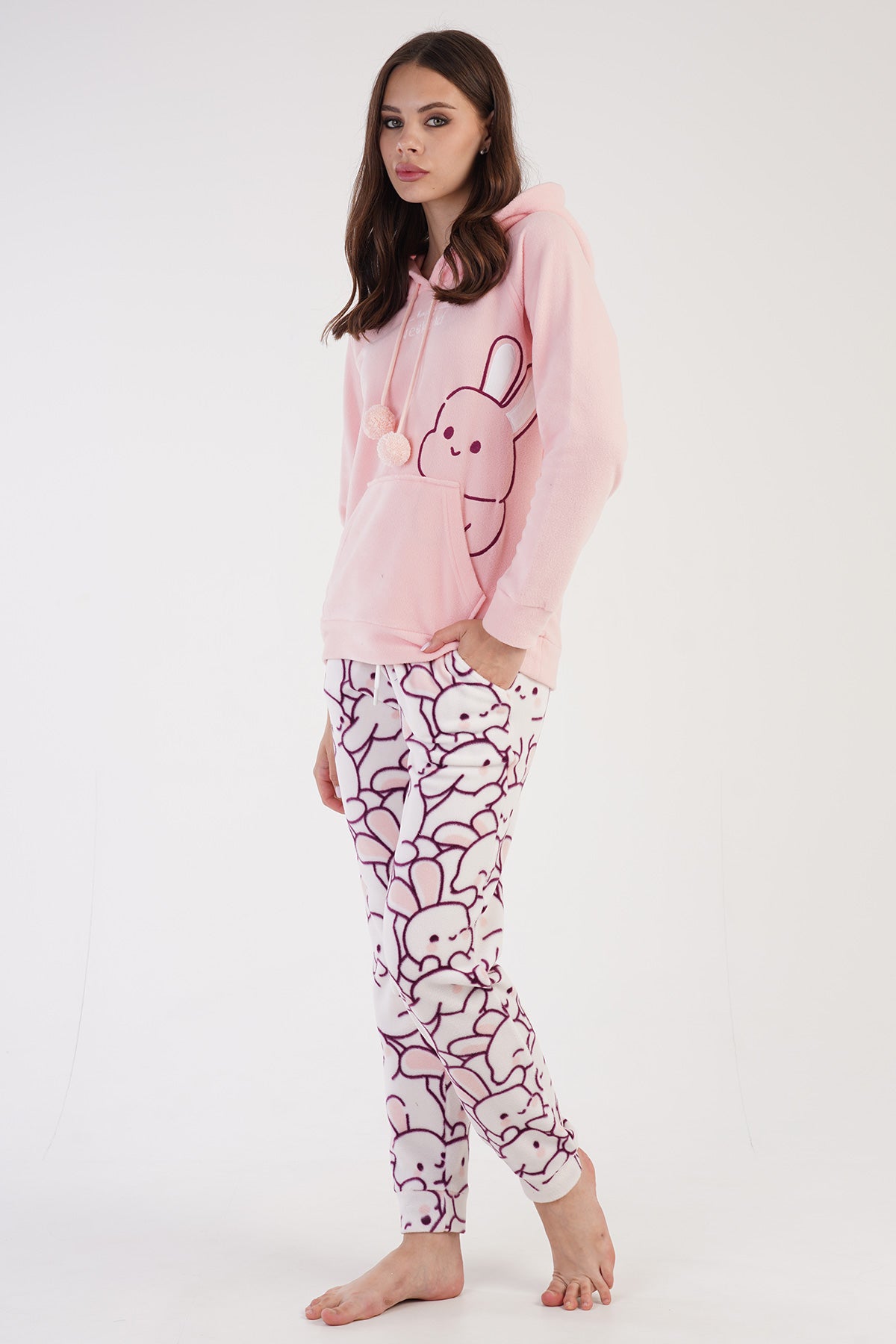 Woman Fleece Pink Hoodie Pyjama Set