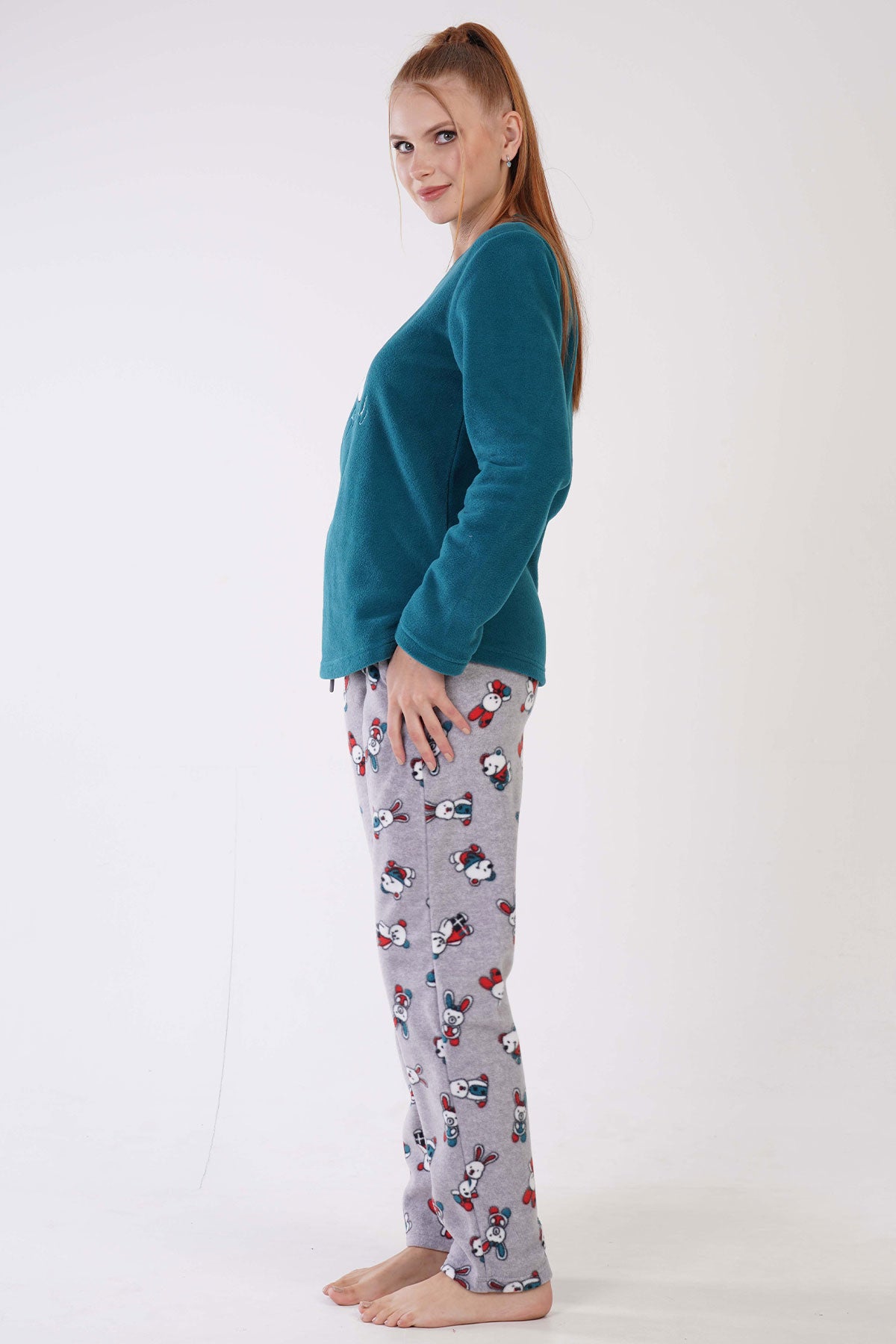 KADIN POLAR O YAKA UZUN KOL ETEGI OVAL CEPLI PIJAMA TAKIM