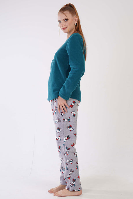 KADIN POLAR O YAKA UZUN KOL ETEGI OVAL CEPLI PIJAMA TAKIM