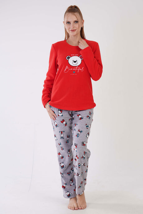 KADIN POLAR O YAKA UZUN KOL ETEGI OVAL CEPLI PIJAMA TAKIM