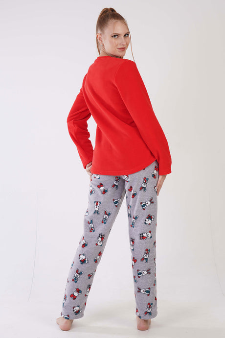 KADIN POLAR O YAKA UZUN KOL ETEGI OVAL CEPLI PIJAMA TAKIM