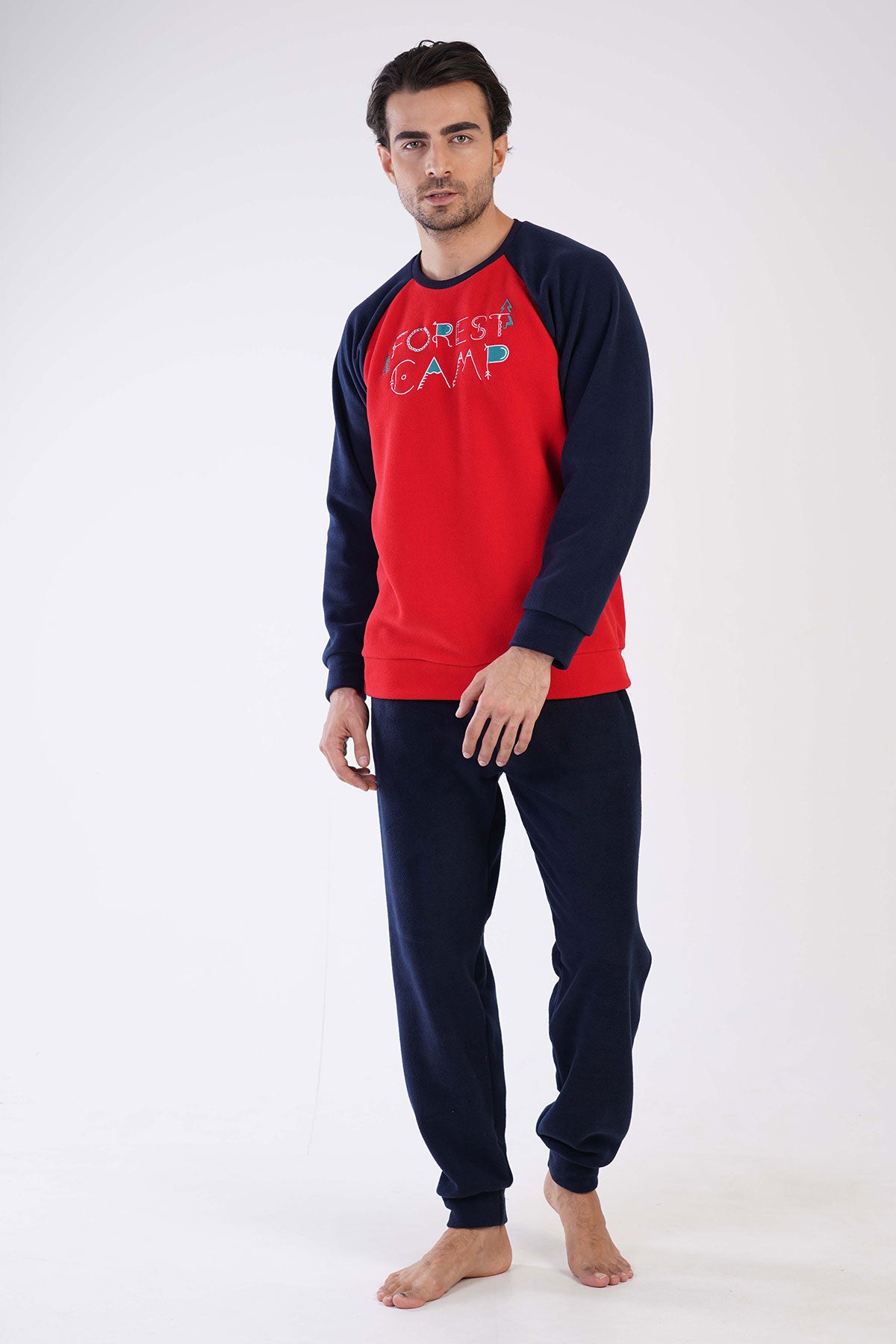 CEPLI ERKEK POLAR O YAKA UZUN KOL MANSETLI PIJAMA TAKIM