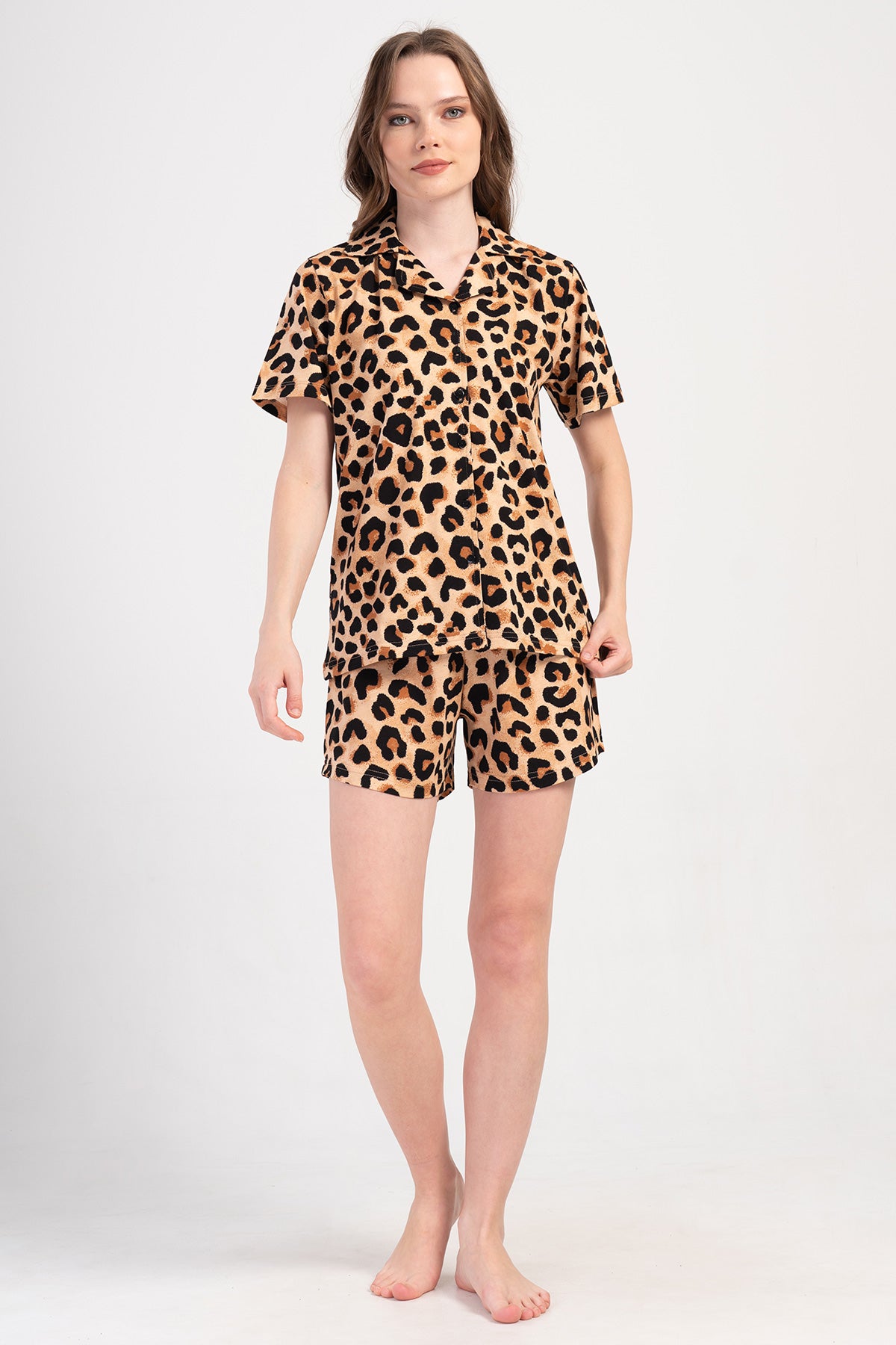 Woman Supreme Big Size Leopard Shirt Neck Short Set