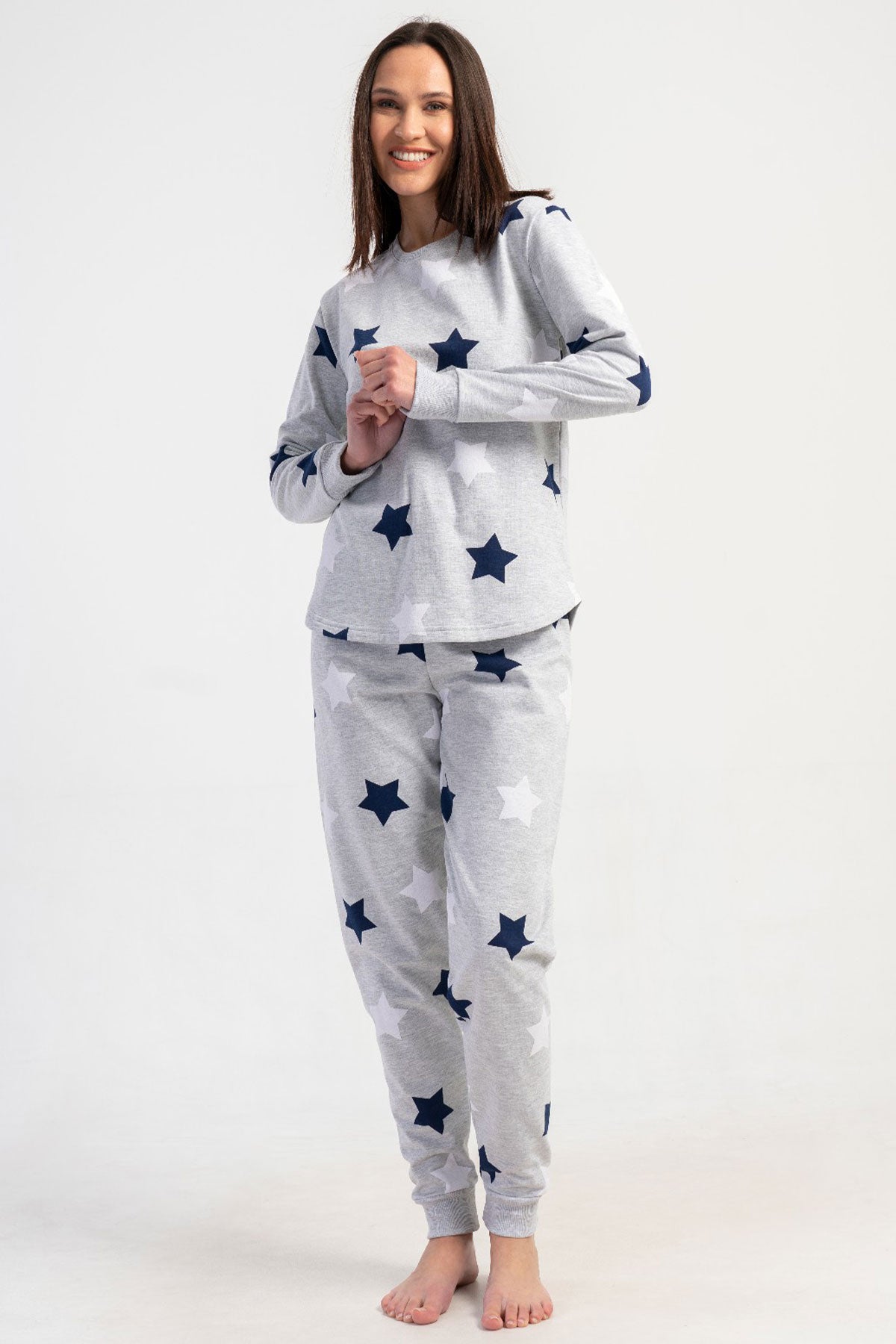 KADIN 2IPLIK O YAKA UZUN KOL ETEGI OVAL MANSETLI PIJAMA TAKIM 501044