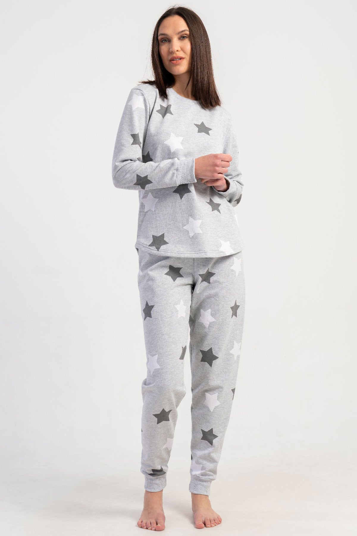 KADIN 2IPLIK XXL O YAKA UZUN KOL ETEGI OVAL MANSETLI PIJAMA TAKIM