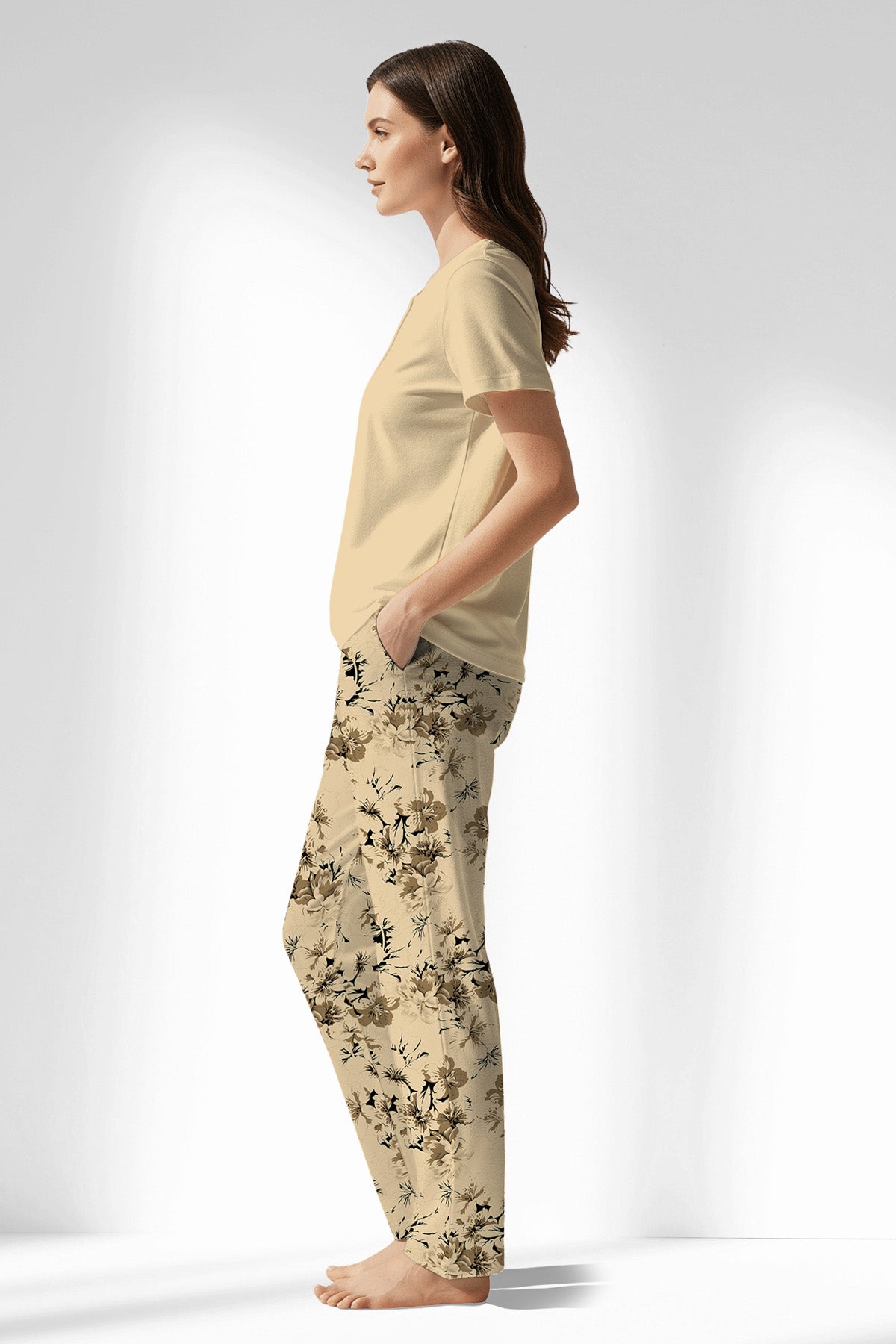 Woman Polyviscon Fleuron Drop Collar Pyjama Set - B-METRAJ KAHVE - Image 1