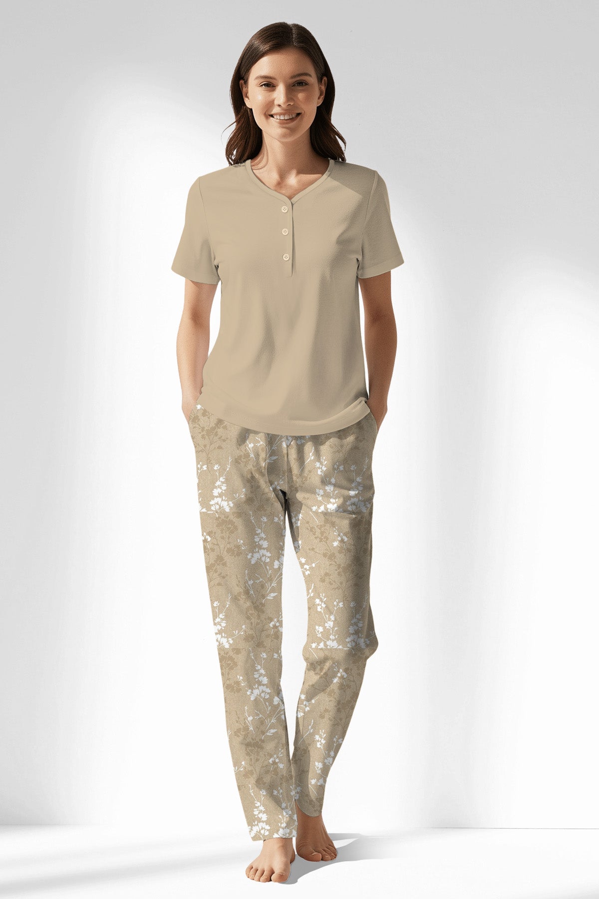 Woman Polyviscon Orlena Drop Collar Pyjama Set - METRAJ ZEMIN - Image 1