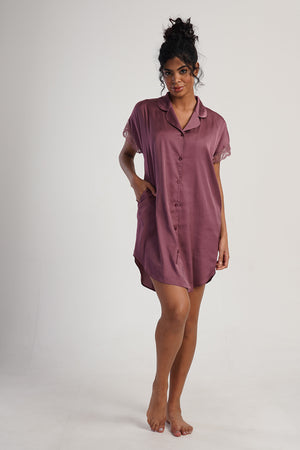 Woman Satin Plum Buttoned Shirt Tunic