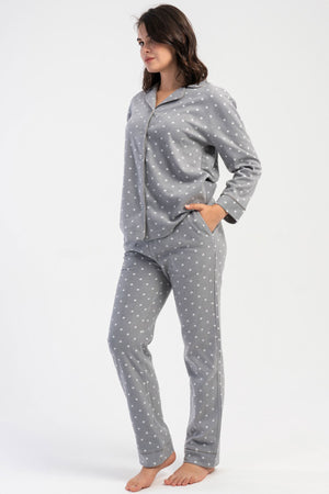 KADIN POLAR TAMAMI DUGMELI UZUN KOL PIJAMA TAKIM