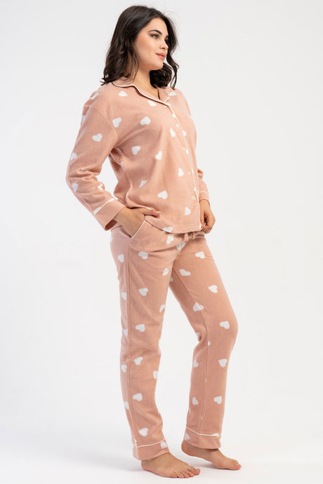 KADIN POLAR TAMAMI DUGMELI UZUN KOL PIJAMA TAKIM