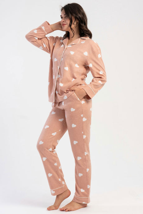 KADIN POLAR TAMAMI DUGMELI UZUN KOL PIJAMA TAKIM