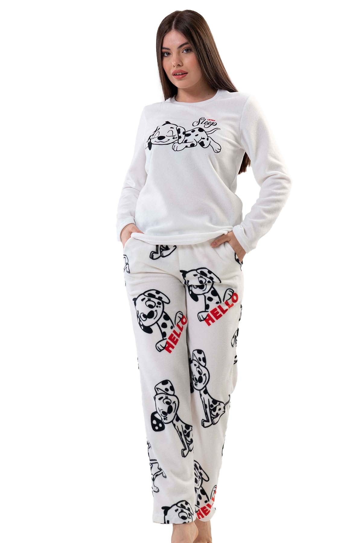 BAYAN POLAR O YAKA UZUN KOL ETEGI OVAL CEPLI PIJAMA TAKIM