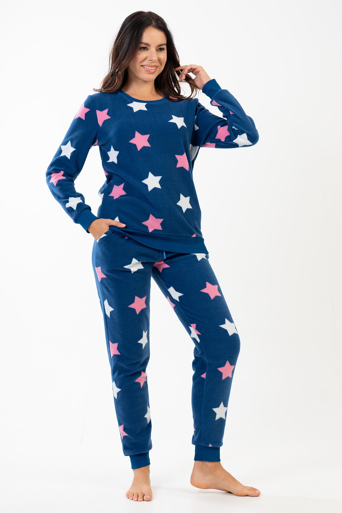 KADIN POLAR O YAKA UZUN KOL MANSETLI CEPLI PIJAMA TAKIM