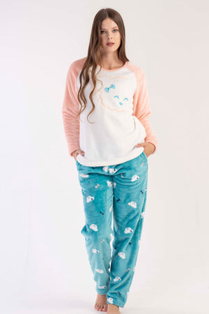 KADIN SOFT O YAKA REGLAN UZUN KOL ETEGI OVAL CEPLI PIJAMA TAKIM