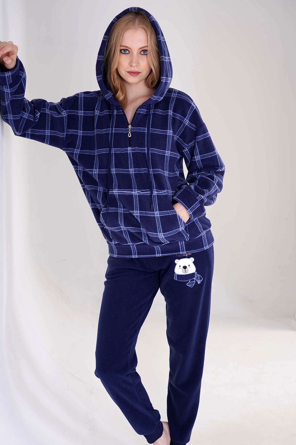 KADIN POLAR KAPSONLU DUSUK OMUZLU YARIM FERMUARLI UZUN KOL KANGURU CEPLI MANSETLI CEPLI PIJAMA TAKIM