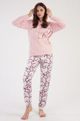 Woman Fleece Pink Hoodie Pyjama Set