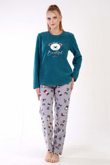 KADIN POLAR O YAKA UZUN KOL ETEGI OVAL CEPLI PIJAMA TAKIM