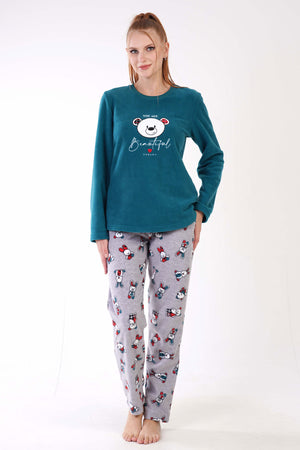 KADIN POLAR O YAKA UZUN KOL ETEGI OVAL CEPLI PIJAMA TAKIM
