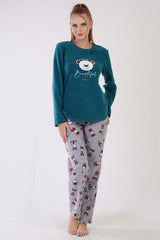 KADIN POLAR O YAKA UZUN KOL ETEGI OVAL CEPLI PIJAMA TAKIM
