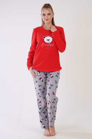 KADIN POLAR O YAKA UZUN KOL ETEGI OVAL CEPLI PIJAMA TAKIM