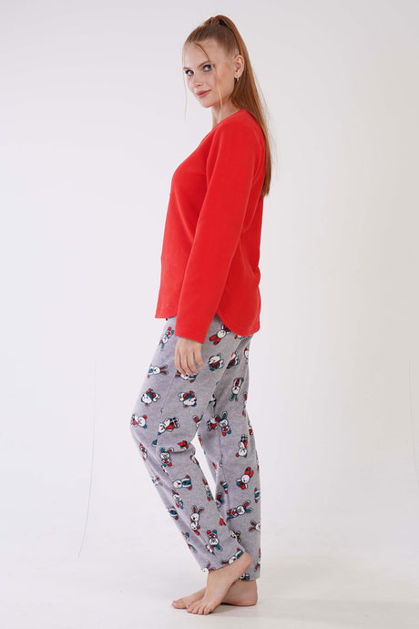 KADIN POLAR O YAKA UZUN KOL ETEGI OVAL CEPLI PIJAMA TAKIM