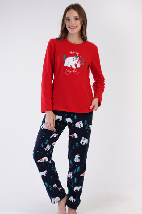 KADIN POLAR O YAKA UZUN KOL ETEGI OVAL CEPLI PIJAMA TAKIM