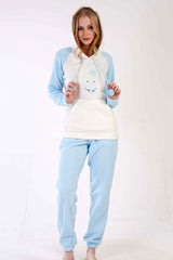 KADIN POLAR KAPSONLU REGLAN UZUN KOL KANGURU CEPLI PACASI BUZGULU MANSETLI CEPLI PIJAMA TAKIM