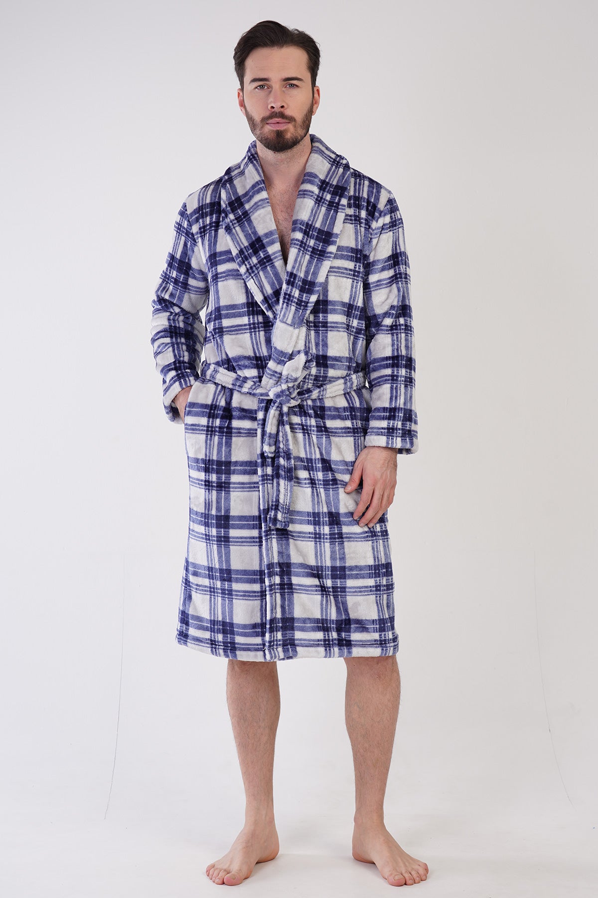Man Plaid Soft Long Sleeve Dressing Gown