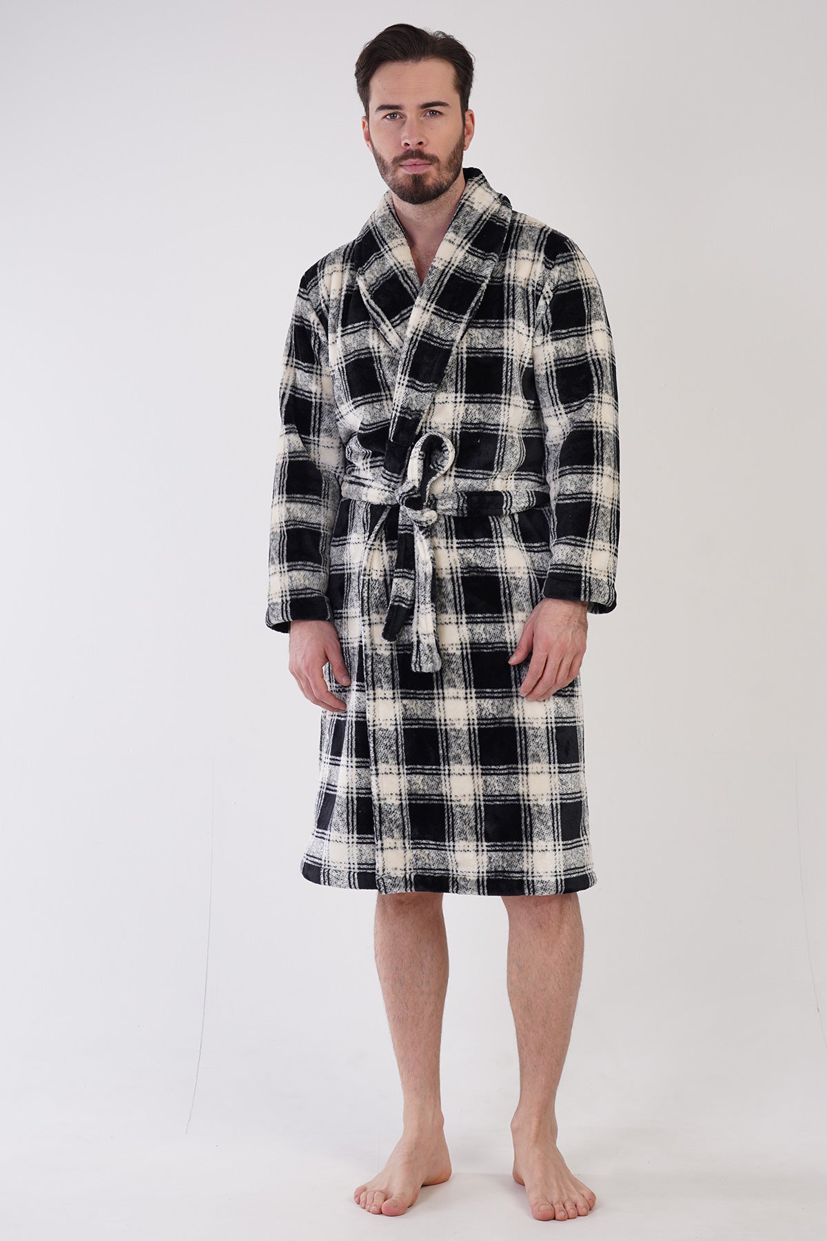 Man Black Plaid Soft Dressing Gown