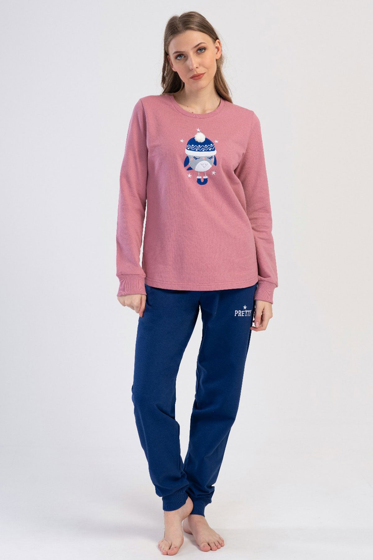 KADIN 2IPLIK O YAKA UZUN KOL ETEGI OVAL MANSETLI PIJAMA TAKIM