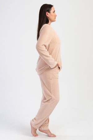 KADIN KADIFE XXL O YAKA UZUN KOL ETEGI OVAL CEPLI PIJAMA TAKIM