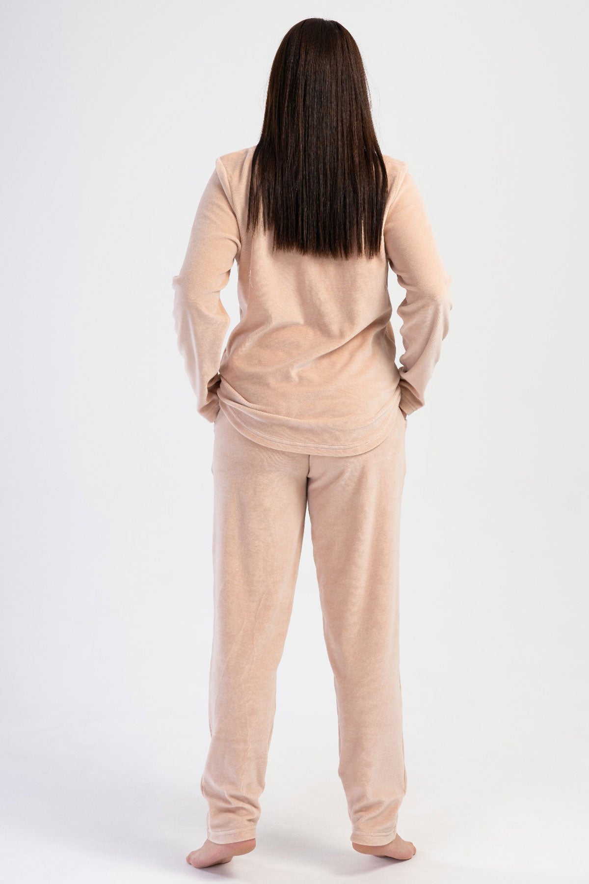 KADIN KADIFE XXL O YAKA UZUN KOL ETEGI OVAL CEPLI PIJAMA TAKIM