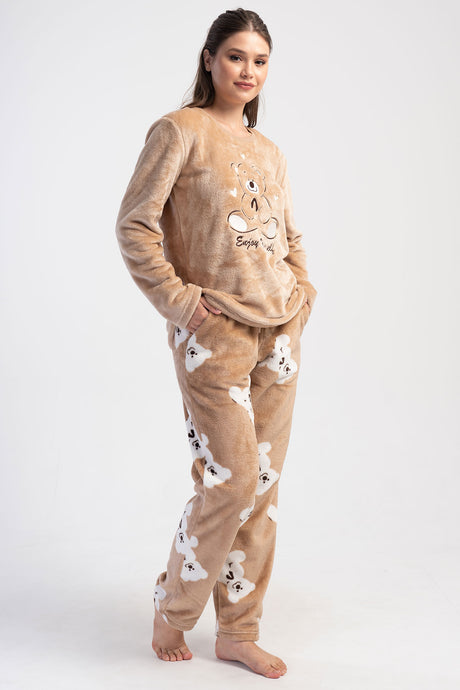 KADIN SOFT O YAKA UZUN KOL ETEGI OVAL CEPLI PIJAMA TAKIM
