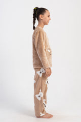 Kids' Girl Soft Beige O Neck Pocket Detail Pyjama Set