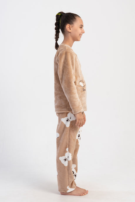 Kids' Girl Soft Beige O Neck Pocket Detail Pyjama Set