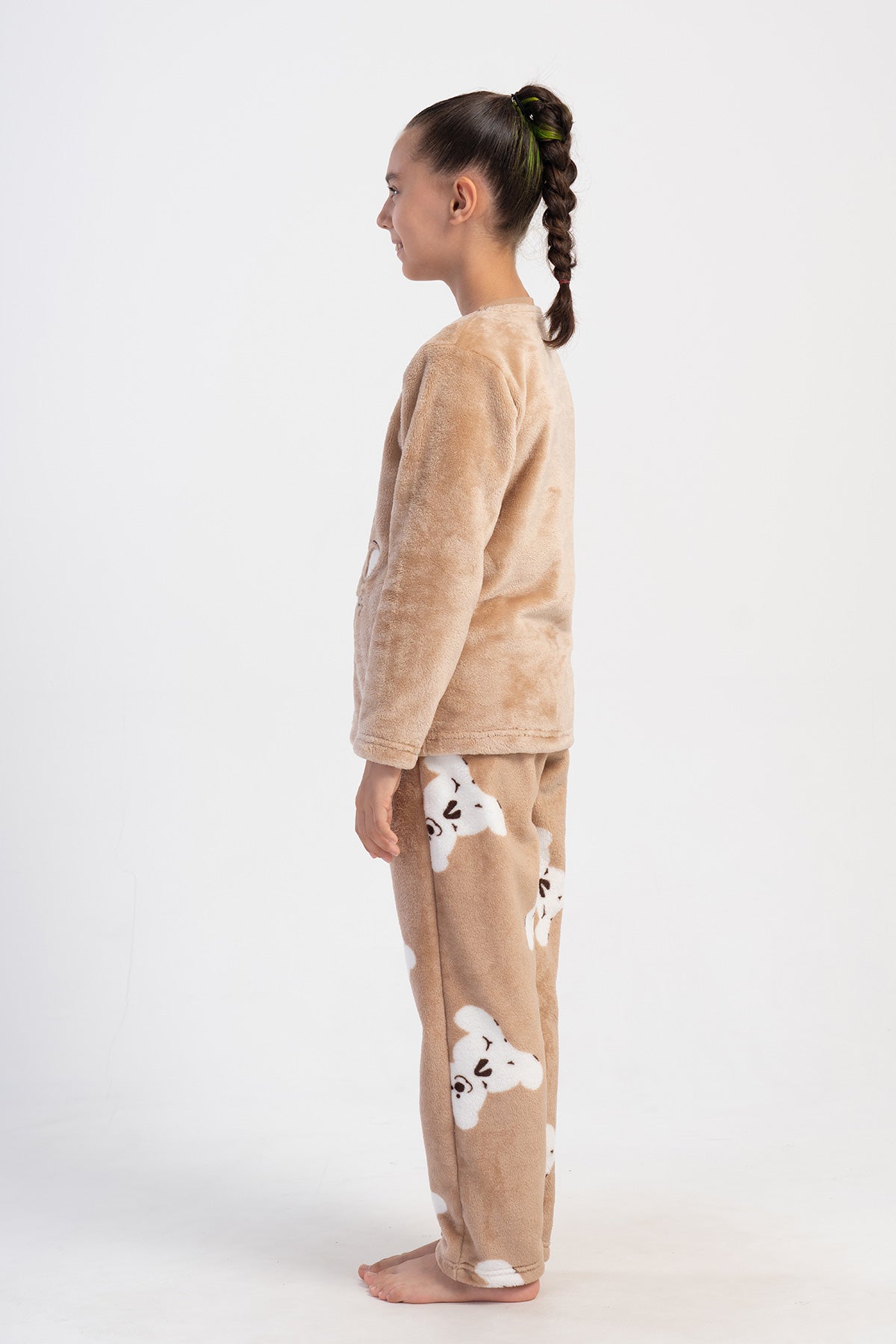 Kids' Girl Soft Beige O Neck Pocket Detail Pyjama Set