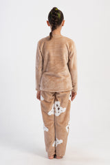 Kids' Girl Soft Beige O Neck Pocket Detail Pyjama Set