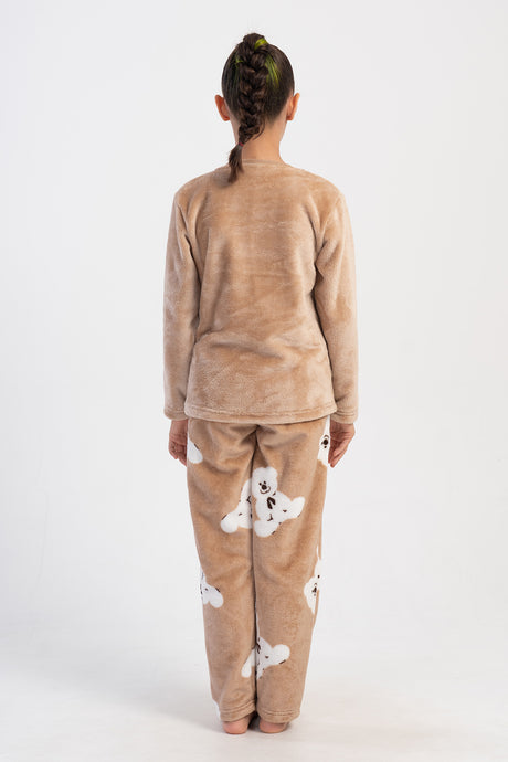 Kids' Girl Soft Beige O Neck Pocket Detail Pyjama Set