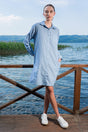 Woman Sky Cotton Viscon Shirt Collar Dress