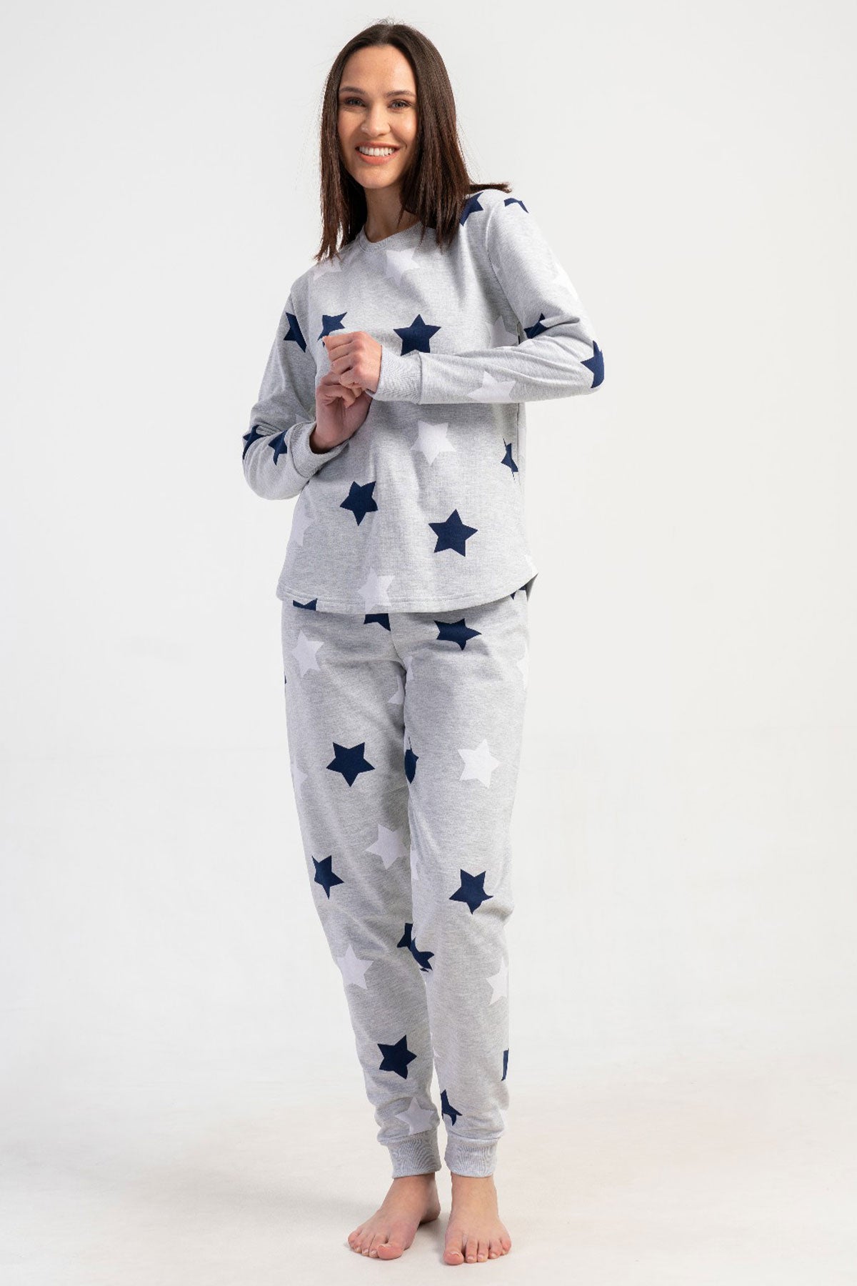 KADIN 2IPLIK XXL O YAKA UZUN KOL ETEGI OVAL MANSETLI PIJAMA TAKIM