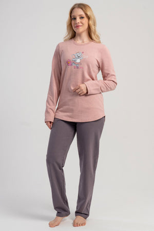 KADIN 2IPLIK O YAKA UZUN KOL ETEGI OVAL CEPLI PIJAMA TAKIM
