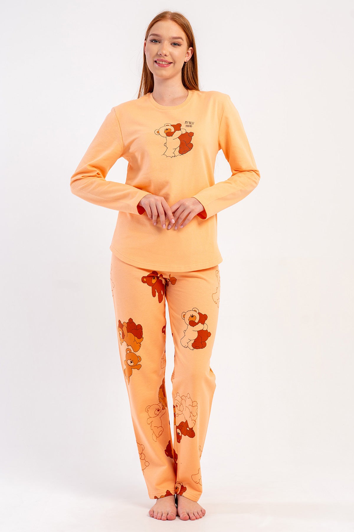 KADIN 2IPLIK O YAKA UZUN KOL ETEGI OVAL PIJAMA TAKIM