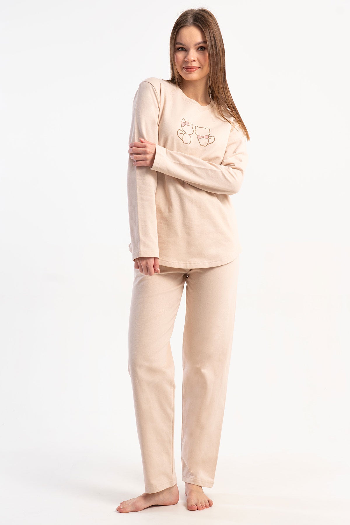 KADIN 2IPLIK O YAKA UZUN KOL ETEGI OVAL PIJAMA TAKIM 511011