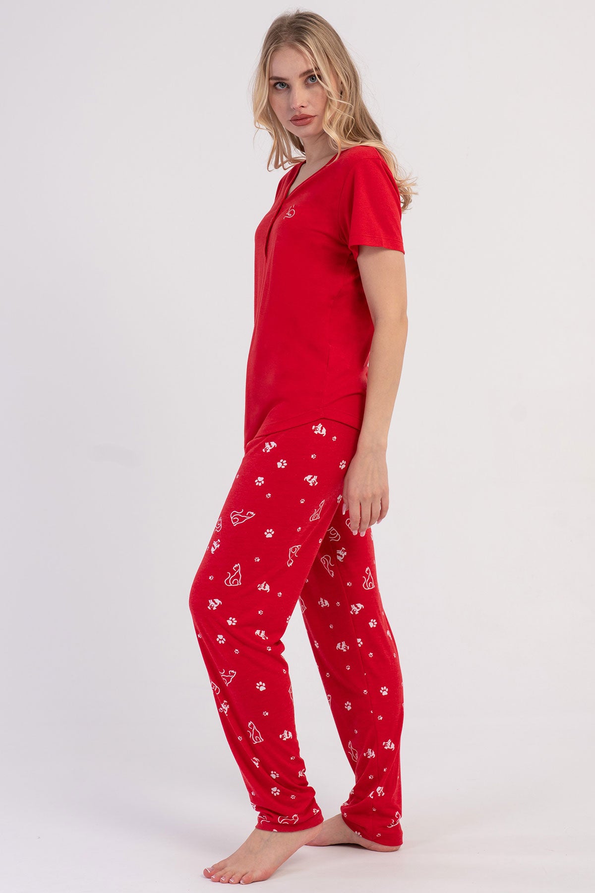 KADIN P.VISCON PATLI DAMLA YAKA KISA KOL ETEGI OVAL PIJAMA TAKIM