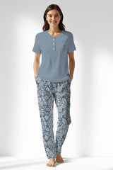 Woman Polyviscon Edelia Drop Collar Pyjama Set - MAVİ - Image 1